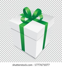 Gift box with green ribbons isolated on checked transparent background. Vector illustration. Eps 10 vector file.