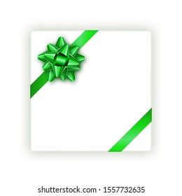 Gift box with a green tied bow and realistic shadow on white background. Copy space. Anniversary, birthday, invitation, banner, card, poster, promotion template design. Graphic element. Vector