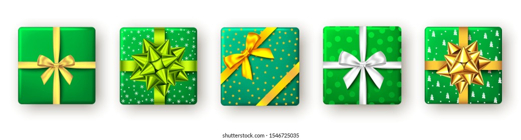 Gift box with green, white  and golden ribbon and bow, top view. Christmas, New Year party, Happy birthday or Valentine day package design. Present isolated on white background. Vector.