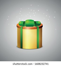 Gift box in grey. New Year's gift. Christmas surprise. Tied with a ribbon with a bow on top. Cylindrical packaging.