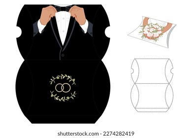 Gift Box groom wedding die-cut template. Black suit, tuxedo, and bow tie. Vector blueprint