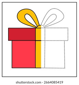 Gift box half-colored tracing page to help kids improve coloring and drawing coordination.