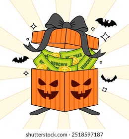 Caixa de presente ilustração Halloween, caixa aberta com voucher e moeda voando, presente assustador, estilo de desenho animado. Ilustração vetorial. Design plano 2D.