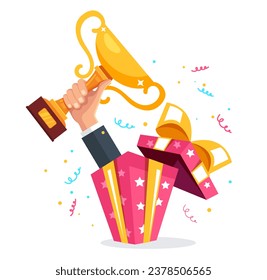 Gift box with hand arm winner prize celebration present surprise concept. Vector flat graphic design illustration