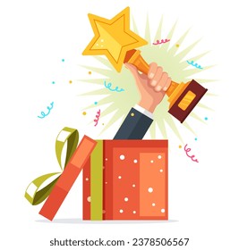 Geschenkbox mit Hand-Arm-Gewinner-Preis-Feier präsentieren Überraschungskonzept. Vektorgrafik-Design-Illustration