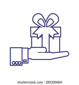 Gift box in hand businessman. Vector yelement for logo design. Flat mock up for design.