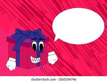 Gift Box with hand as a cartoon character. Holiday, Celebration surprise with happy face emotion.