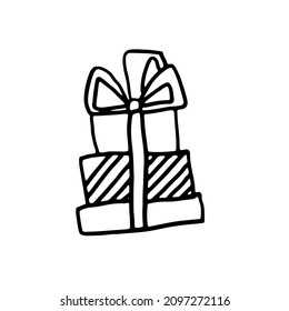 Gift box hand drawn doodle element in black isolated over white. Vector illustration in free sketchy style.