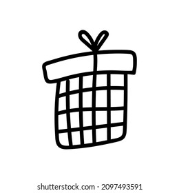 Gift box hand drawn doodle element in black isolated over white. Vector illustration