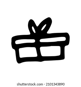 Gift box hand drawn doodle element in black isolated over white. Vector illustration