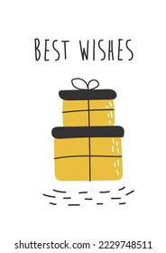 Gift box, hand drawn doodle style. Best wishes text. Cute vector illustration for greeting card for birthday or Christmas. Black and yellow colors