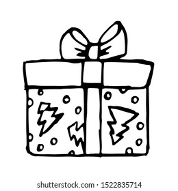Gift box. Hand drawn New Year and Xmas present. Doodle vector illustration for greeting cards, posters, stickers and seasonal design. Isolated on white background
