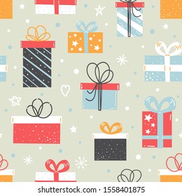 Gift box hand drawn seamless vector pattern. Colorful wrapped gift boxes. Winter holiday flat pattern. Wrapping paper, print, page fill, web design. Vector illustration