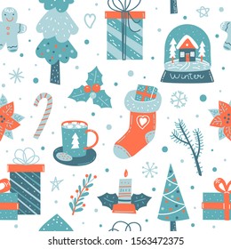 Gift box hand drawn seamless vector pattern. Colorful wrapped gift boxes. Winter holiday flat pattern. Wrapping paper, print, page fill, web design. Vector illustration