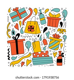 Gift box. Hand drawn simple birthday or christmas presents set. Cute doodle colorful boxes with ribbons, balloons bottle of champagne vector illustration for sale discont poster print or flyer