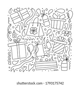 Gift box. Hand drawn simple birthday or christmas presents set. Cute doodle colorful boxes with ribbons, balloons bottle of champagne vector line illustration coloring book
