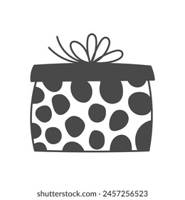 Gift box hand drawn symbol with tied bow. Vector illustration of Birthday Christmas present in cartoon doodle style. Line art. 