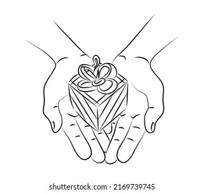 Gift box in hand. Holding or offering present. Tradition to give gifts for holidays, celebrations, Christmas, birthday or wedding. Attention to close people, friends, relatives, business colleagues