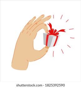 Caja de regalo en mano. Mano sosteniendo un pequeño regalo con cinta roja. Ilustración del vector sobre fondo blanco aislado