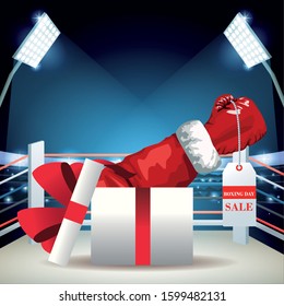 Gift box with hand holding a tag over boxing ring background, colorful design, vector illustration