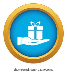 Gift box in hand icon blue vector isolated on white background for any design