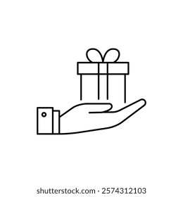 Gift box in hand icon. Outline illustration of gift box in hand vector icon for web design
