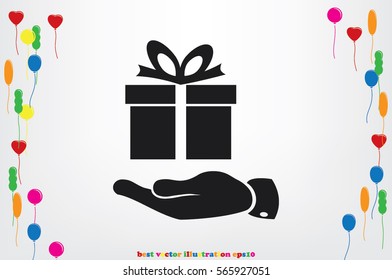 gift box and hand icon vector illustration eps10. Isolated badge flat design for website or app - stock graphics.