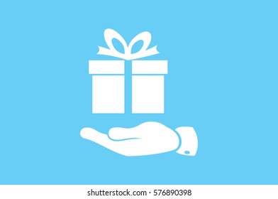 gift box and hand icon vector illustration eps10. Isolated badge flat design for website or app - stock graphics.