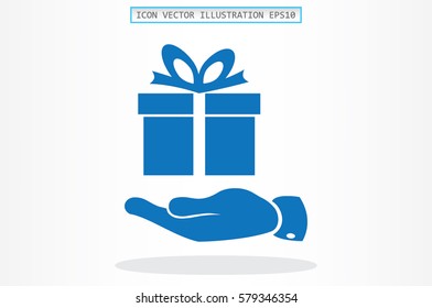gift box and hand icon vector illustration eps10. Isolated badge flat design for website or app - stock graphics.