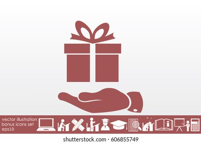 gift box and hand icon vector illustration eps10. Isolated badge flat design for website or app - stock graphics