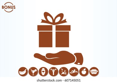 gift box and hand icon vector illustration eps10. Isolated badge flat design for website or app - stock graphics