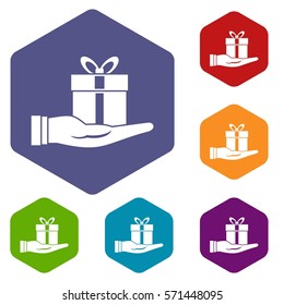 Gift box in hand icons set rhombus in different colors isolated on white background