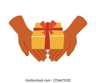 Gift box in hand on a white isolated background. The icon. Present. Vector illustration.