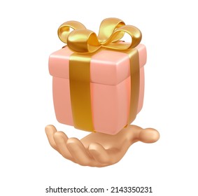 Caja de regalo en mano. Caja real de regalo rosa 3d con arco dorado aislado en fondo blanco. La decoración de vacaciones está presente. Sorpresa de regalo festivo. Ilustración vectorial.