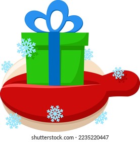 Gift box in the hand of santa claus on a white background. Christmas gift