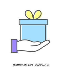Caja de regalo en mano. Icono de color de línea simple.