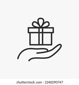 Caja de regalo en mano icono de línea delgada, presente paquete para vacaciones, cumpleaños, venta. Aplicaciones móviles. Aplicación promocional. Oferta especial, concepto de descuento. Pictograma.