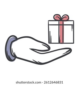 Gift box in hand. Vector hand drawn illustration for sticker, print. Gift, discount, surprise icon
