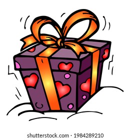 gift box hand-drawn in vector with the image of hearts and tied with a ribbon