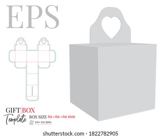 Gift Box with handle heart, Template. Vector with die cut / laser cut layers. Delivery Cake Box. White, blank, clear, isolated Present Box mock up isolated on white background, Packaging Design