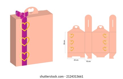 Gift box with handle Prepared for real cardboard production. (Internal measurement 25x30x10cm) With Vector Illustration of the Gift Box.