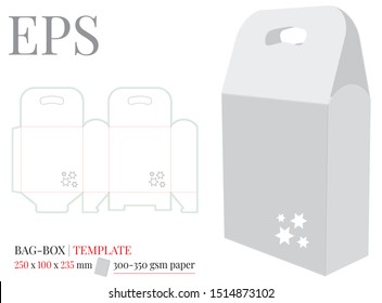 Gift Box with Handle and Stars Template, vector with die cut, laser cut lines. White, clear, blank, isolated Present Box mock up on white background with perspective view. Packaging Design