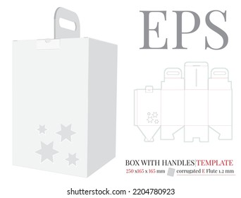 Gift Box with Handle and Stars Template, vector with die cut, laser cut lines. White, clear, blank, isolated Present Box mock up on white background with perspective view. Packaging Design