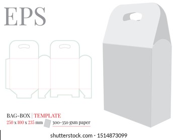 Gift Box with Handle Template, vector with die cut / laser cut lines. White, clear, blank, isolated Present Box mock up on white background with perspective view. Packaging Design