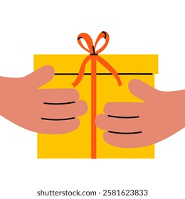 Gift Box in Hands. Flat cartoon illustration of a yellow present with a red ribbon being given. Perfect for holidays, celebrations, birthdays, Christmas, New Year, Mother's Day, and special occasions.