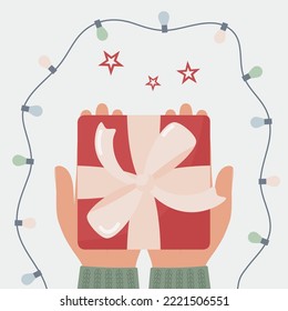 Gift box in hands. Flat style. Vector illustration 