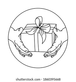 Caja de regalo en las manos. Mano dibujada sosteniendo la caja de cambios con cinta y arco. Presentar esbozo de esquema. Navidad, sorpresa, paquete de cumpleaños. Concepto de recepción. Ilustración vectorial.