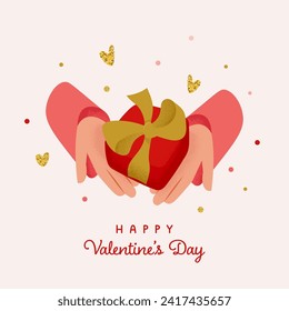 Gift box in hands. Happy Valentine's Day greeting card. Cute Simple Vector illustration