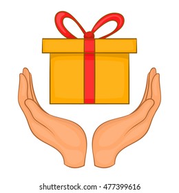 Gift box in hands icon in cartoon style isolated on white background