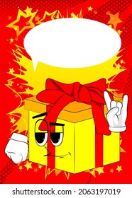 Gift Box with hands in rocker pose as a cartoon character. Holiday, Celebration surprise with happy face emotion.